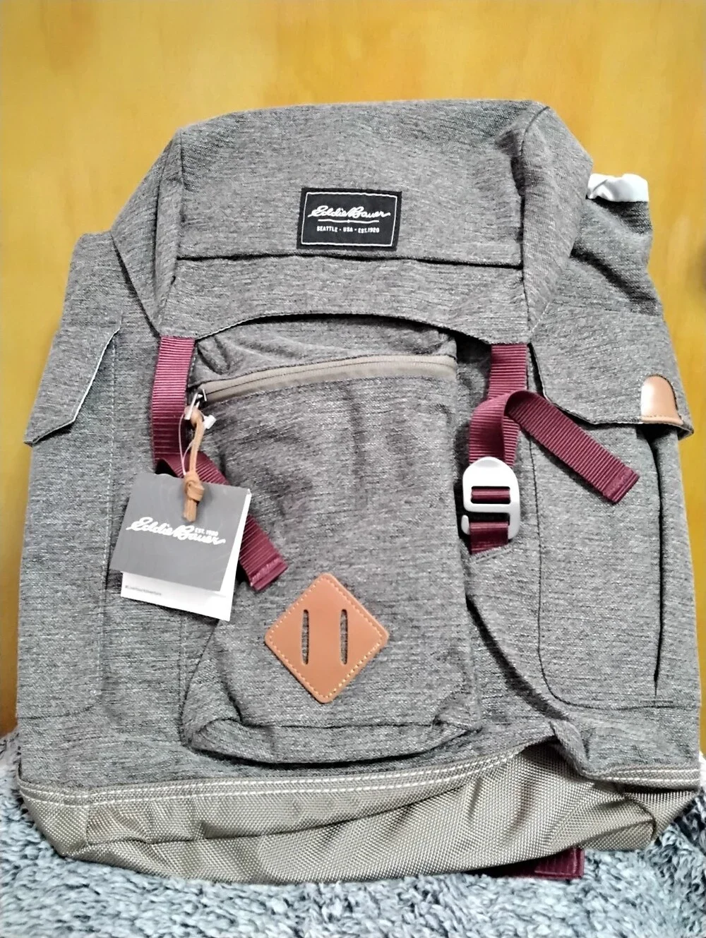 Eddie Bauer Heather Gray Backpack with Burgundy Straps